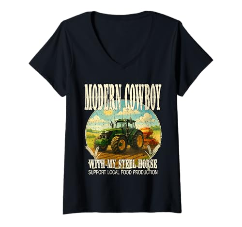 Damen Moderner Cowboy mit meinem Stahlpferd unterstützt lokale Lebensmittelprodukte. T-Shirt mit V-Ausschnitt von Oort 33 Production