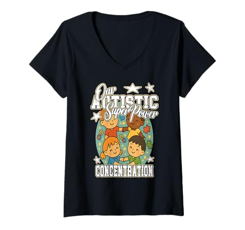 Damen UNSERE AUTISTISCHE SUPERPOWER KONZENTRATION Autismus Bewusstsein Kinder T-Shirt mit V-Ausschnitt von Oort 33 Production