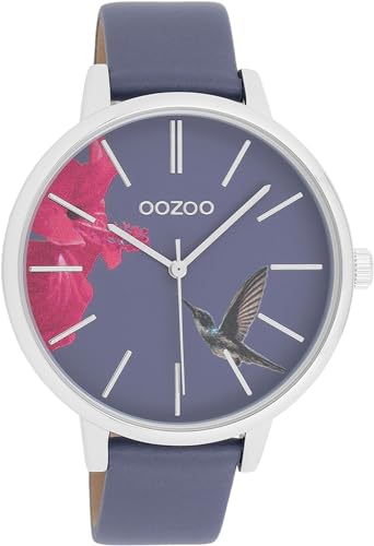Oozoo Damenuhr mit Lederband 42 MM Colours of Summer Hibiskus und Kolibri Blauviolett C11069 von Oozoo