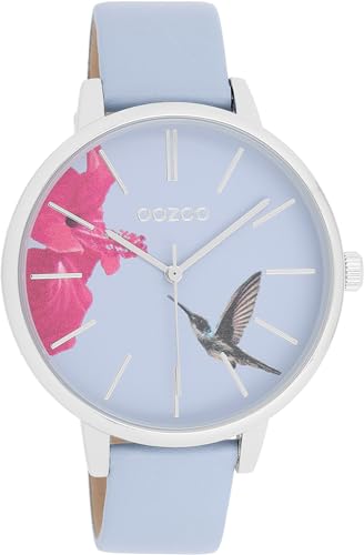 Oozoo Damenuhr mit Lederband 42 MM Colours of Summer Hibiskus und Kolibri Hellblau C11067 von Oozoo