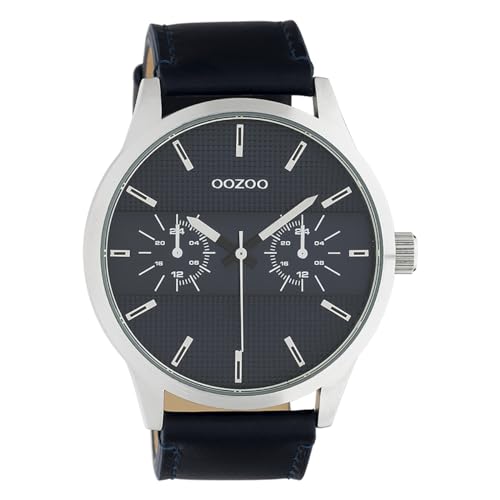 Oozoo Herrenuhr Chrono Look mit Lederband 48 MM Silberfarben/Blau C10536 von Oozoo