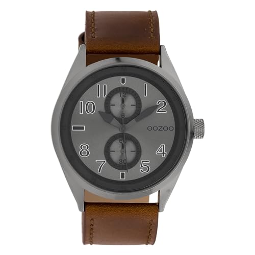 Oozoo Herrenuhr mit Lederband 42 MM Grau/Silbergrau/Dunkelbraun C10028 von Oozoo