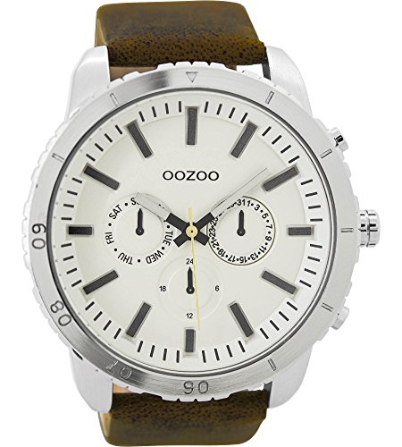 Oozoo Herrenuhr mit Lederband 50 MM Weiss/Dunkelbraun C9445 von Oozoo