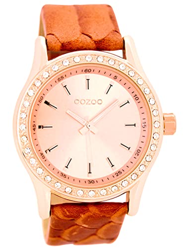 Oozoo Strass Damenuhr mit Lederband 43 MM Rosegoldfarben/Rosegoldfarben/Koralle C8007 von Oozoo