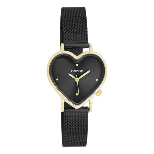 Oozoo - Timepieces Damen Uhr in Schwarz/Gold | Armbanduhr Damen mit Mesharmband | Moderne Uhr für Frauen | Edle Analog Damenuhr in Herzform C11447 (28x29mm Gehäuse) von Oozoo