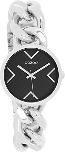 Oozoo Timepieces Damen Uhr in Silber Schwarz | Armbanduhr Damen mit grobem Kettenarmband | Hochwertige Uhr für Frauen| Edle Analog Damenuhr in rund C11126 von Oozoo