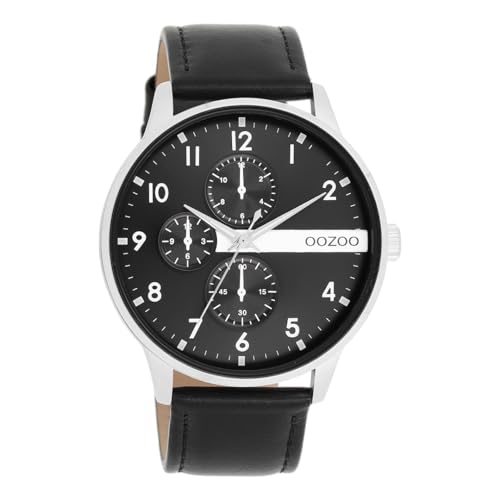 Oozoo Timepieces Herren Uhr in Black/Silver | Armbanduhr Herren mit Lederarmband | Schöne Uhr für Männer | Edle Analog Herrenuhr (45mm Gehäuse) in rund C11309 von Oozoo