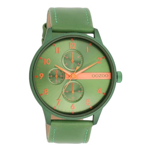 Oozoo Timepieces Herren Uhr in Green/Fluo orange (alu)| Armbanduhr Herren mit Lederarmband | Schöne Uhr für Männer | Edle Analog Herrenuhr (45mm Gehäuse) in rund C11308 von Oozoo