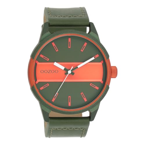 Oozoo Timepieces Herren Uhr in Grün/Flou Orange metallic | Armbanduhr Herren mit Lederarmband | Schöne Uhr für Männer | Edle Analog Herrenuhr (48mm Gehäuse) in rund C11318 von Oozoo