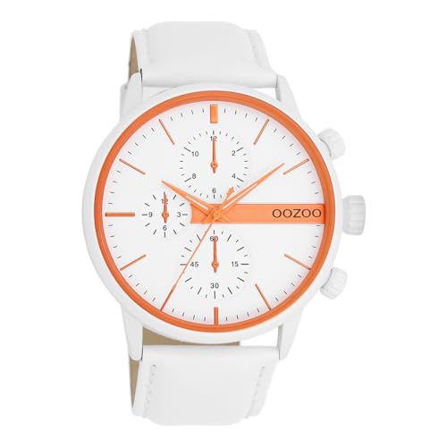 Oozoo - Timepieces Herren Uhr in Weiß/Flou Orange metallic | Armbanduhr Herren mit Lederarmband | Moderne Uhr für Herren | Edle Analog Herrenuhr in rund C11314 (45mm Gehäuse) von Oozoo