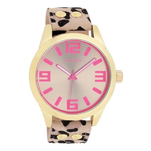 Oozoo Timepieces Unisex Uhr in Leopard/Taupe/Pink - Armbanduhr Unisex mit Lederarmband | Hochwertige Uhr - Edle Analog Unisexuhr in rund C1099 von Oozoo