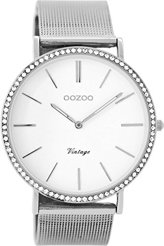 Oozoo Vintage Armbanduhr mit Edelstahl Milanaiseband 40 MM Strass/Weiß/Silberfarben C8890 von Oozoo