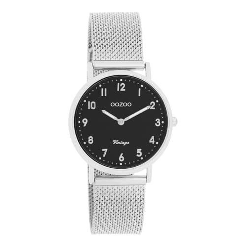 Oozoo Vintage Damen Uhr Silber/Schwarz | Armbanduhr Damen mit Mesharmband | Moderne Uhr für Frauen | Edle Analog Damenuhr in rund C20346 (32mm Gehäuse) von Oozoo