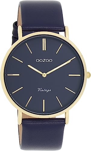 Oozoo Vintage Damen Uhr dunkelblau/Gold - Armbanduhr Damen mit 20mm Lederarmband - Analog Damenuhr in rund C20329 von Oozoo