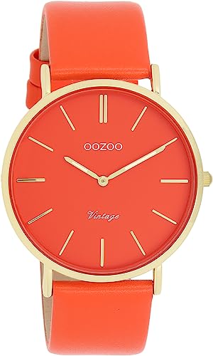 Oozoo Vintage Damen Uhr rot/orange/Gold - Armbanduhr Damen mit 20mm Lederarmband - Analog Damenuhr in rund C20321 von Oozoo