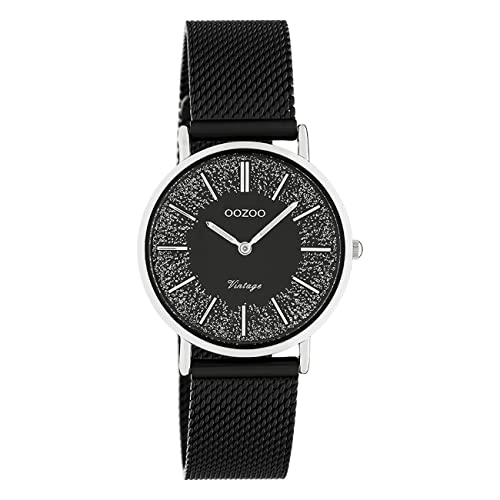 Oozoo Flache Vintage Damen Uhr mit Milanaise-Metallarmband und Glitzer aus Edelstahl, 32 mm, C20141 - schwarz/schwarz, Gurt von Oozoo
