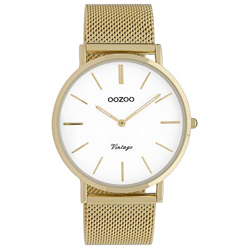 Oozoo Vintage Damenuhr mit massivem grobmaschigem Edelstahl Milanaise Metallband 40 MM Goldfarben/Weiss C9909 von Oozoo