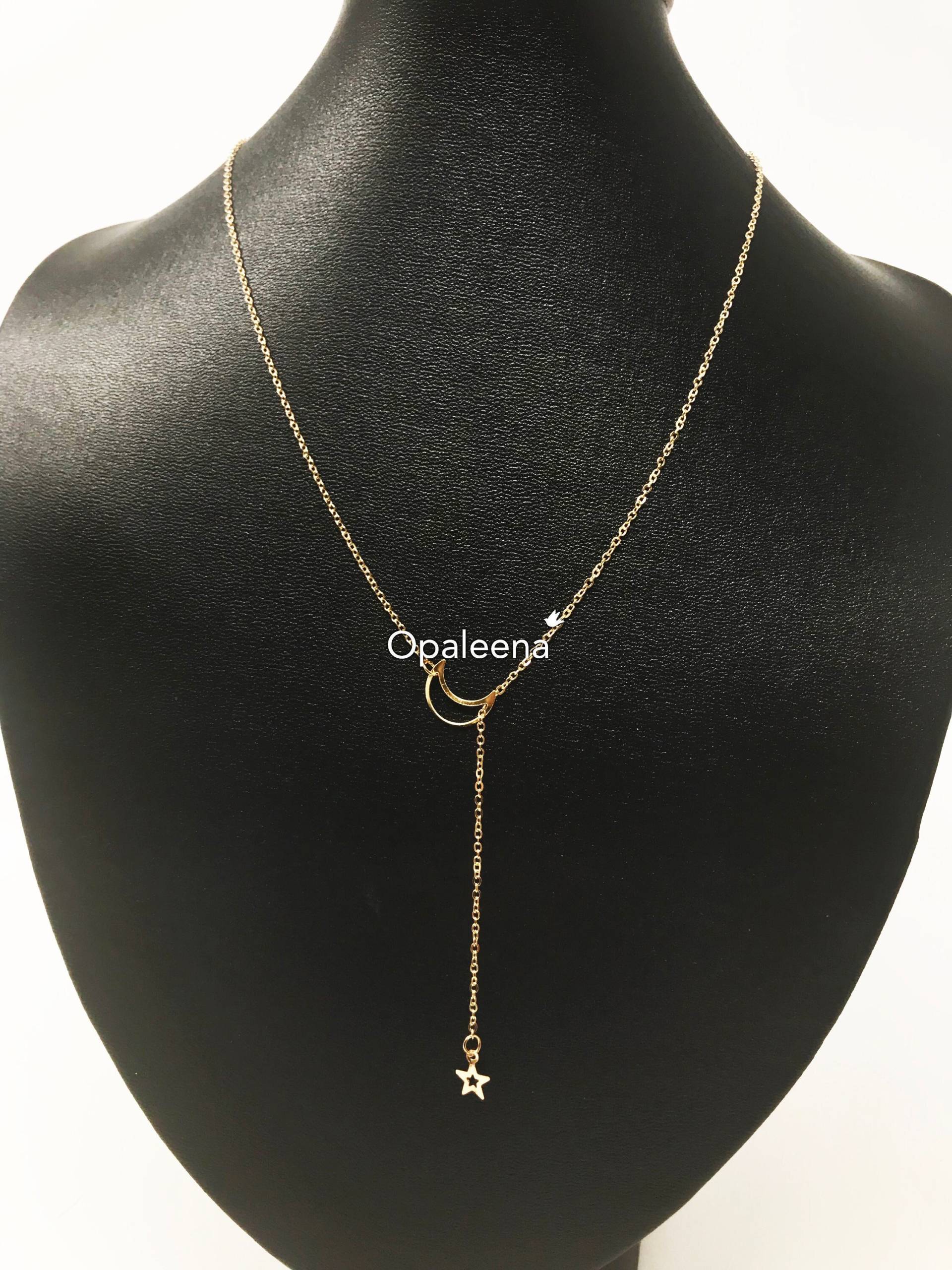 Stilvolle Mond Und Stern Kette Gold Lariat Halbmond Charm Massiv Zierliche Goldkette Celestial von Opaleena