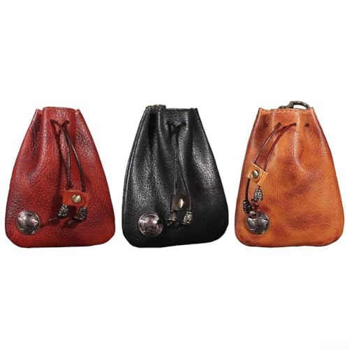 Vintage Geldbörse aus Leder, Kordelzug-Verschluss zur sicheren Aufbewahrung von Schlüsseln und Karten, Schwarz von Opatiny