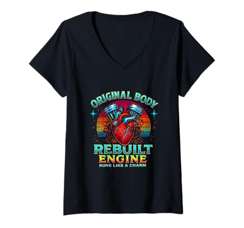 Damen Rebuilt Engine Open Heart Chirurgie Recovery Survivor Men T-Shirt mit V-Ausschnitt von Open Heart Surgery Get Well Bypass Apparel Co.