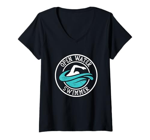 Damen "Open Water Swimmer" Distressed Effect Swimmer's T-Shirt mit V-Ausschnitt von Open Water Swimming Swimmer's Gifts & Apparel