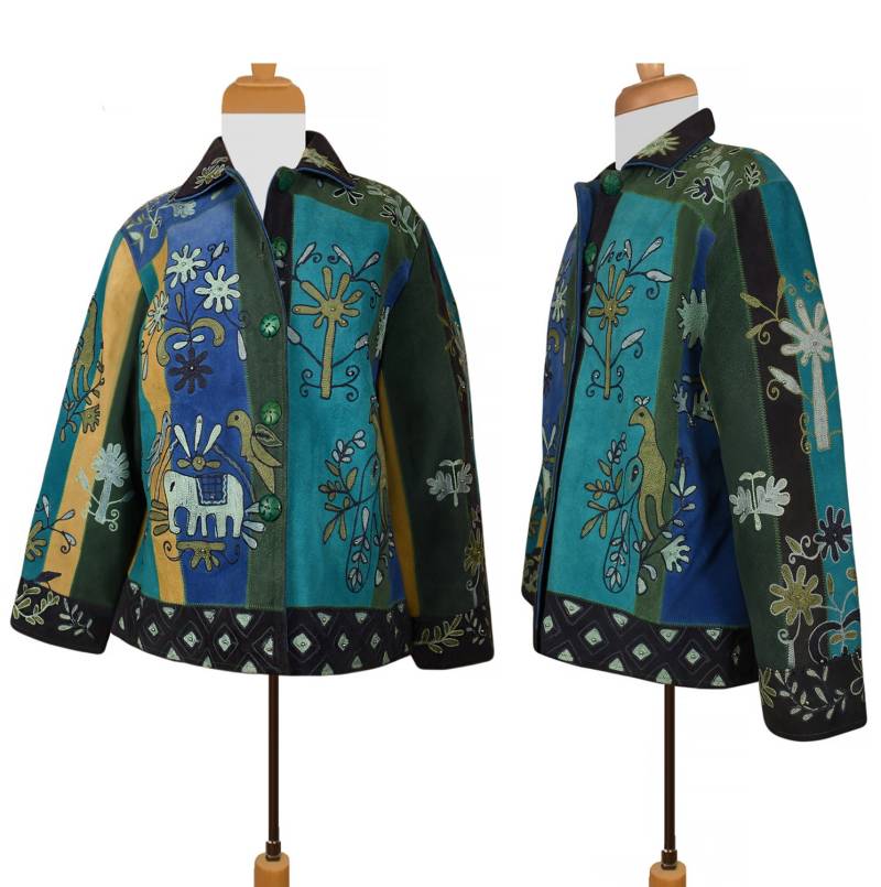 Damen Lederjacke - Wildlederjacke Boho Jacke Kurzjacke Bestickte Hippie Ledermantel Xl von OpenMarketVintage