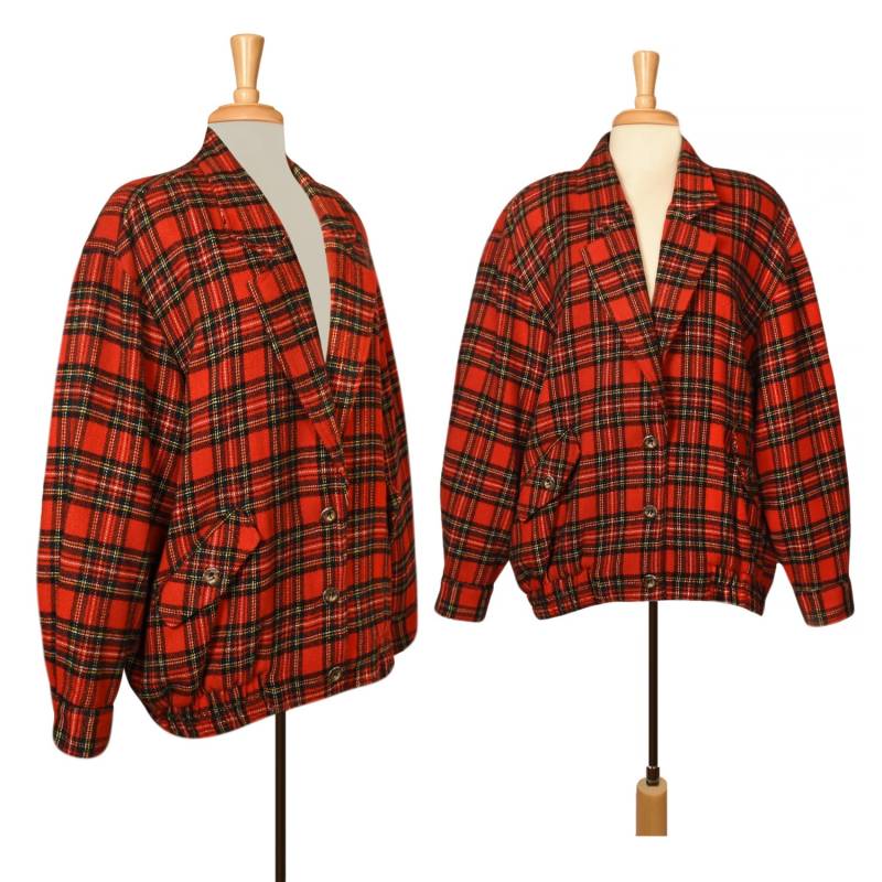 Damenmantel - Damenjacke - Roter Mantel - Freizeitjacke - Kariert - Gestreift - Button Down Jacket - Wollmantel - Wolljacke - Damen Übergröße von OpenMarketVintage