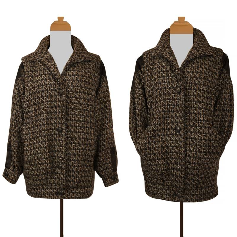 Hahnentritt Damen Jacke | Wollmantel Lederbesatz Brauner Hahnentritt-Mantel Warme Wintermantel-Jacke in Übergröße von OpenMarketVintage