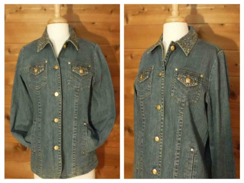 Laura Ashley Jeansjacke - Damen Perlen Verblasste Acid Wash Pailletten M von OpenMarketVintage