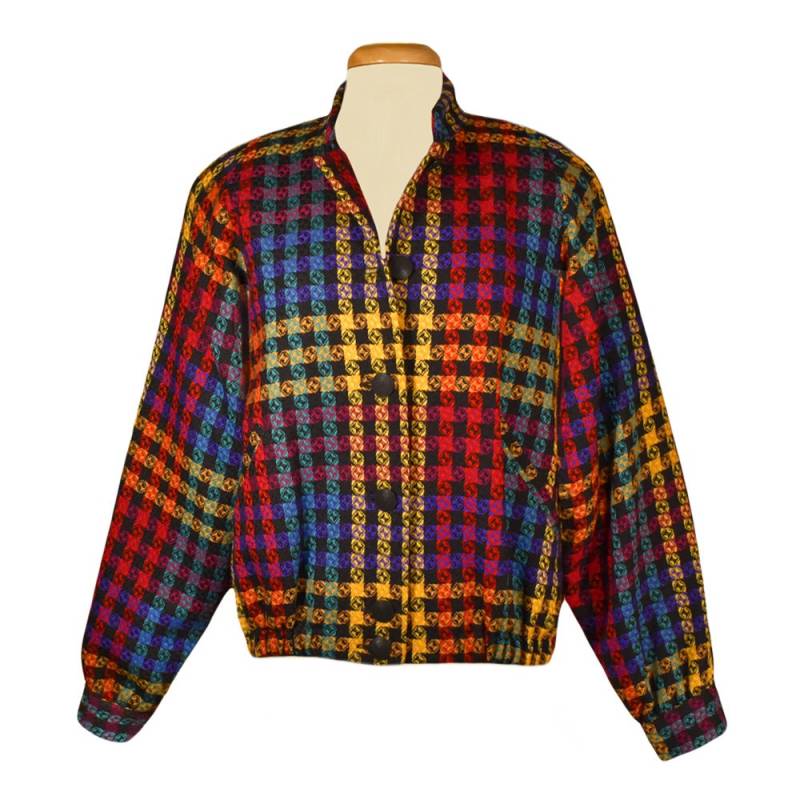 Vintage Doncaster Jacke - Bunte Retro-Jacke Gestreifte Bunter Karierter Mantel Rot-Gelb-Blaue Heller Damenmantel Größe 10 von OpenMarketVintage