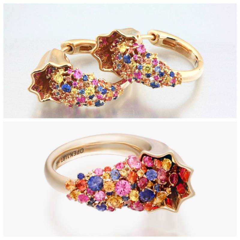 Openjart Cornucopia Earrings in 14K Gold Und Natürlichen Mehrfarbigen Saphire von Openjart
