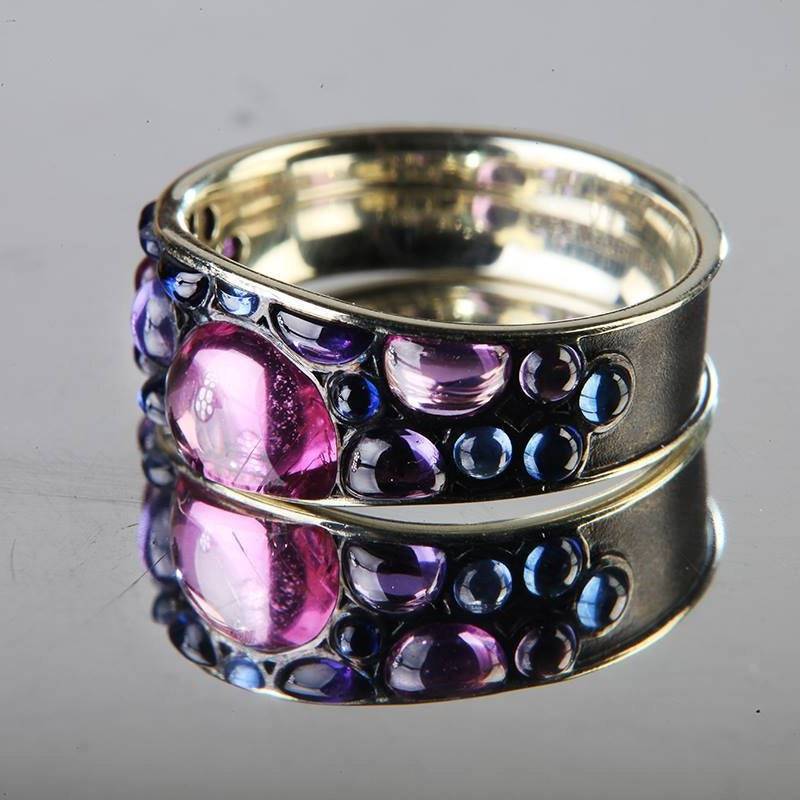 Openjart Regenbogen Wasserfall Ring in 14 K Gold Und Natürlichen Mehrfarbigen Saphiren Cabochons von Openjart