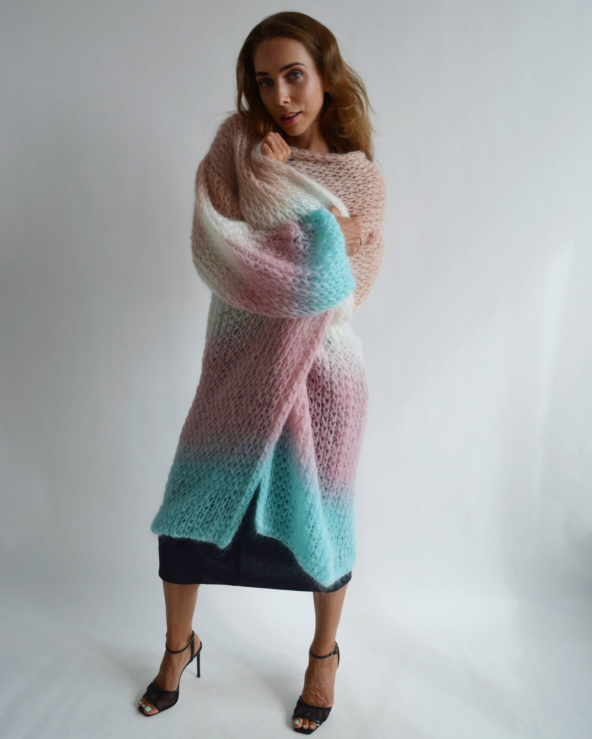 Bunte Ombre Strickjacke Dicke Mohair Multicolor Long Chic Cardigan Maxi Lose Handknit Unikat Wolle Mantel von Openmindstyle