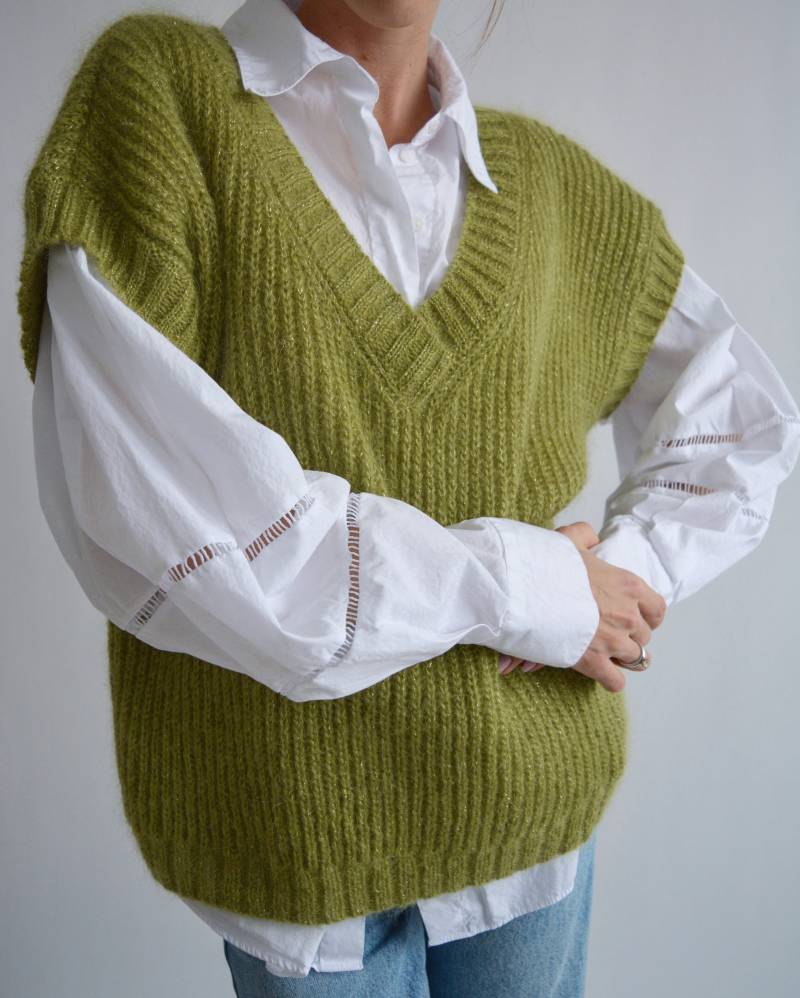 Grüne Mohair Weste Verziert Handstrickweste Dicke Wollweste Ärmellose Pullover Mit Lurex Stilvolle Gestrickt Bestickt Oben von Openmindstyle