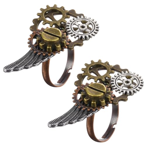 Operitacx 2 STÜCK Vintage Steampunk Ring Herren Damen Langlebiger Legierungsring mit Flügel Zahnraddesign Kreativer Kompakter Statement Schmuck als für Verwandte und Freunde von Operitacx