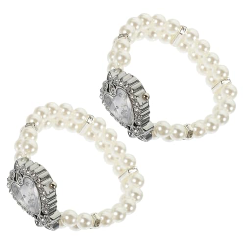 Operitacx 2 Stück Armbanduhr Vintage-Uhr Für Damen Vintage Uhr Damen Antike Uhr Strass Uhr Kleine Handgelenkwache Modische Uhren Vintage-Uhren Kettenuhren Für Damen Perlenuhr Legierung Weiß von Operitacx