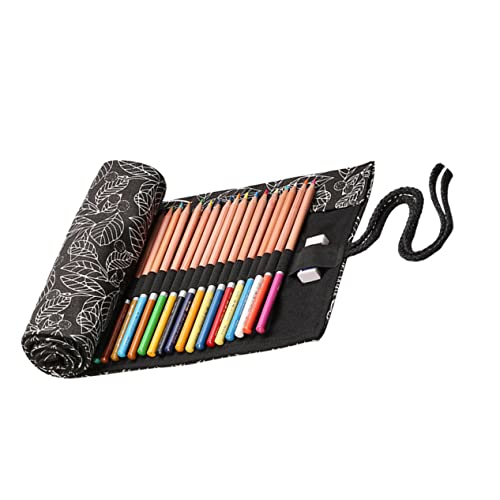 Operitacx Canvas Stifterolle mit Fächern Großes Fassungsvermögen Tragbare Federmappe mit Roll Design Eleganter Schwarzer Blattmuster Stifteschutz für Künstler Zeichner und Schüler von Operitacx