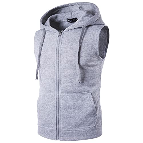 Herren Casual Ärmellose Hoodies Zip Up Sweatshirt Kordelzug Kapuze Tank Top mit Taschen, hellgrau, L von Ophestin