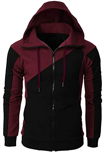 Herren-Kapuzenpullover mit durchgehendem Reißverschluss, Fleece, Patchwork-Jacke, einfarbig, mit Kangatasche, 1 rot, XL von Ophestin