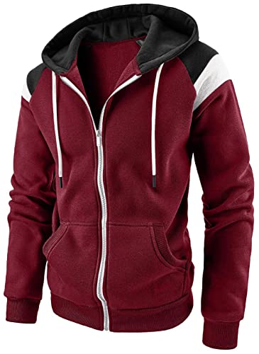 Herren-Kapuzenpullover mit durchgehendem Reißverschluss, Fleece, Patchwork-Jacke, einfarbig, mit Kangatasche, 2 Weinrot, XXXL von Ophestin