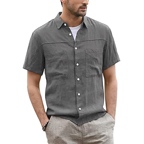 Herren Leinenhemden Kurzarm Leinenshirt Freizeithemd Button Down Baumwolle Sommer Strand Grandad Shirt Tops Grau 3XL von Ophestin