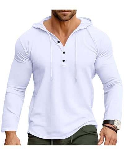 Ophestin Herren Kapuzenpullover Hoodie Langarm Shirts Mode Sportliche Kapuzenpullis Knopf Sweatshir Weiß 2XL von Ophestin