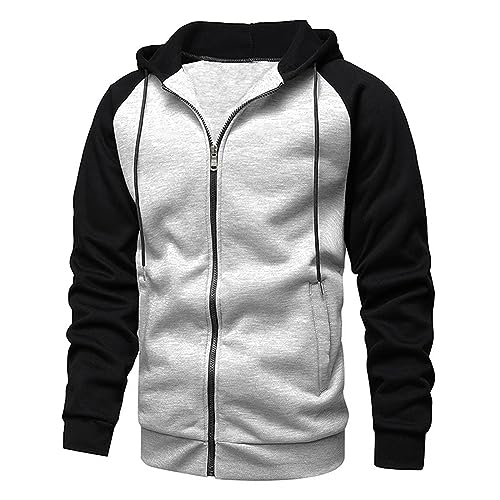 Ophestin Herren Kapuzenpullover Zip Up Langarm Fleece Sweatshirts Pullover Hoodies Jacke Kontrast Farbe Top mit Kanga Tasche Grau 2XL von Ophestin