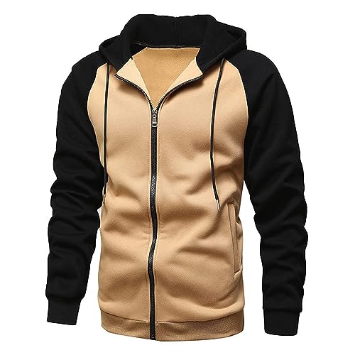 Ophestin Herren Kapuzenpullover Zip Up Langarm Fleece Sweatshirts Pullover Hoodies Jacke Kontrast Farbe Top mit Kanga Tasche Khaki 3XL von Ophestin