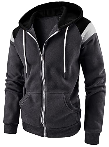 Ophestin Herren-Kapuzenpullover mit durchgehendem Reißverschluss, Fleece, Patchwork-Jacke, einfarbig, mit Kanga-Tasche, 2 grau, 3XL von Ophestin