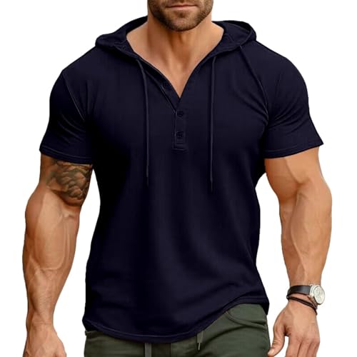 Ophestin Herren Kurzarm Kapuzenpulli Lässige T Shirts Mode Sportliche Hoodies Knopf Sweatshirt Blau 2XL von Ophestin