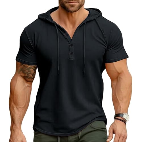 Ophestin Herren Kurzarm Kapuzenpulli Lässige T Shirts Mode Sportliche Hoodies Knopf Sweatshirt Schwarz 3XL von Ophestin