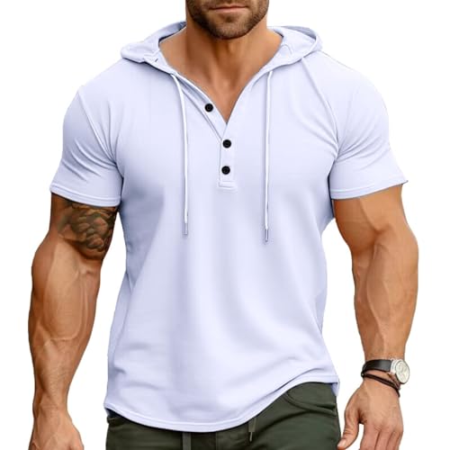 Ophestin Herren Kurzarm Kapuzenpulli Lässige T Shirts Mode Sportliche Hoodies Knopf Sweatshirt Weiß 2XL von Ophestin