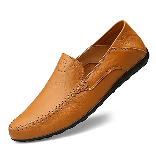 Ophestin Herren Leder Mokassins Slipper Fahren Schuhe Leicht Weich Loafers Handgefertigt Slip On Flache Business Schuhe Gelb Braun 42 von Ophestin