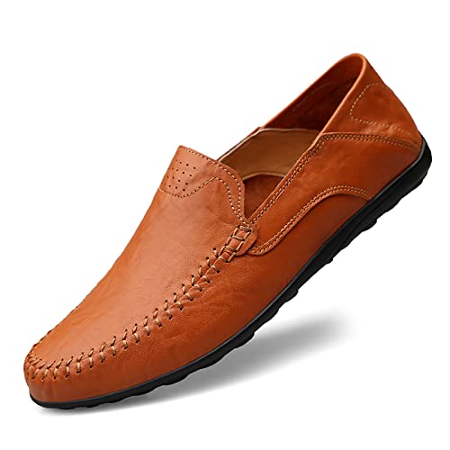 Ophestin Herren Leder Mokassins Slipper Fahren Schuhe Leicht Weich Loafers Handgefertigt Slip On Flache Business Schuhe Rot Braun 44 von Ophestin